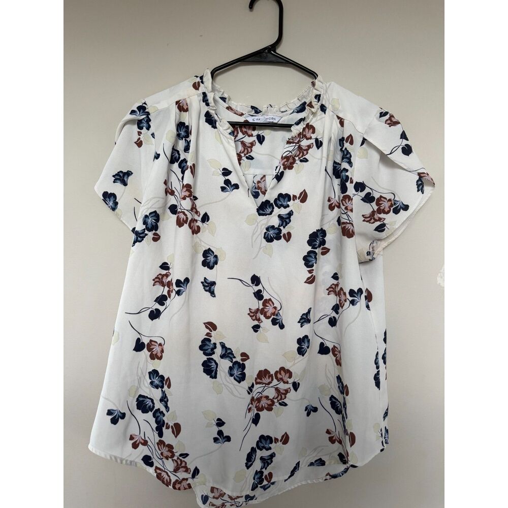 41 Hawthorn Off-White Floral Ruffle Neck Cap Sleeve Blouse - Size XL